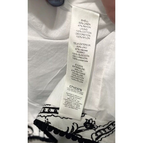 CHICOS Jacket 2 Large Black White Linen Blend Open Blazer Floral Paisley Drape - Picture 4 of 8